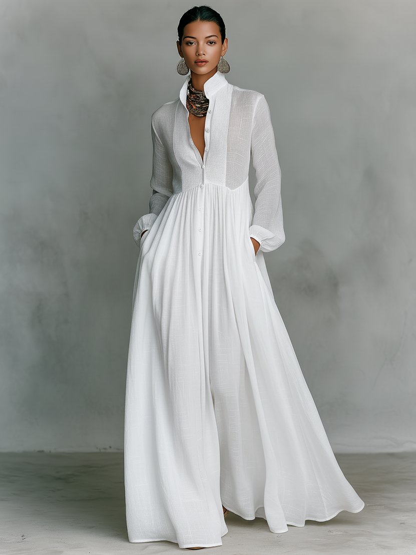 Abito maxi Minimalista in cotone e Lino con Pannelli di Patchwork, Collo alto e Maniche lunghe