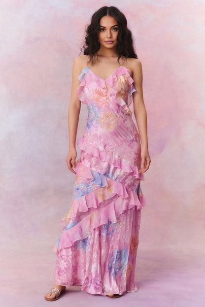 Luneth - Abito Maxi Senza Schiena con scollo a V Floreale