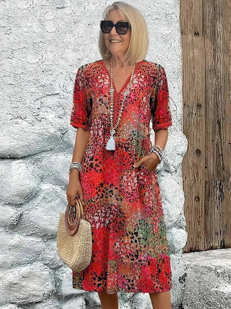 Emelith - Abito Estivo di Pizzo di Leopardato con scollo a V
