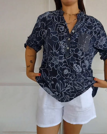 Blusa Stampata Abotonada con collo a V