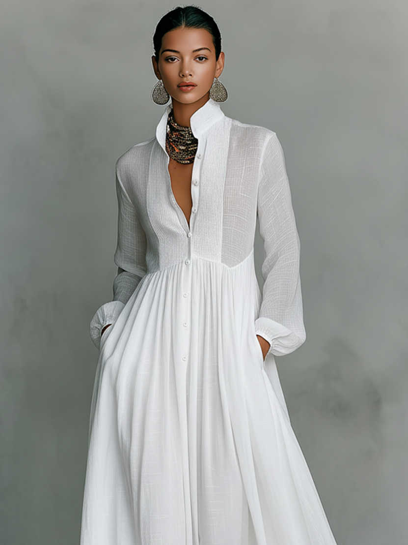 Abito maxi Minimalista in cotone e Lino con Pannelli di Patchwork, Collo alto e Maniche lunghe