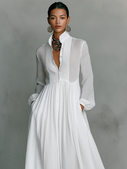 Abito maxi Minimalista in cotone e Lino con Pannelli di Patchwork, Collo alto e Maniche lunghe