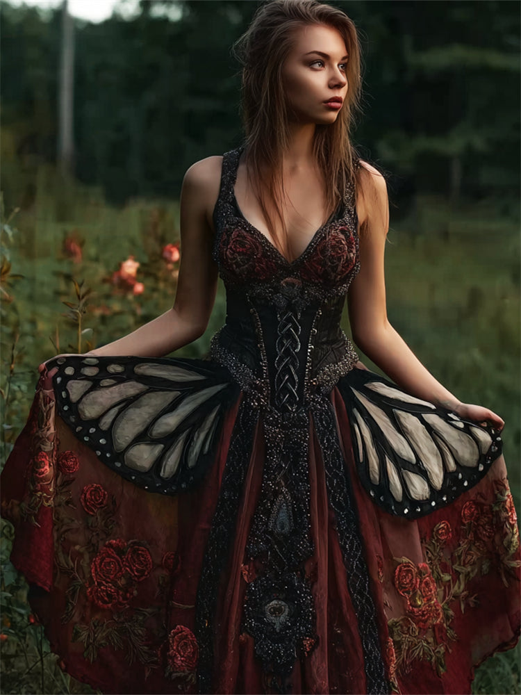 Abito Flowy di Vita Ampia con Lucentezza di Mariposas e Rosas Místicas Vintage