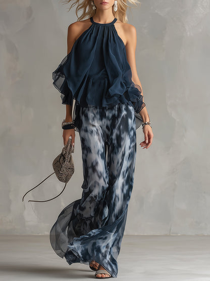 Ludovica | Top halter Elegante Blu navy e Completo di Pantaloni ampi Stampati