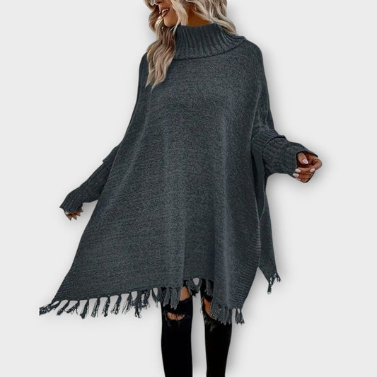 Poncho Maglione Oversize con Collo alto e Flecos