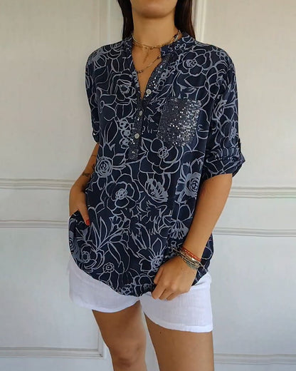 Blusa Stampata Abotonada con collo a V