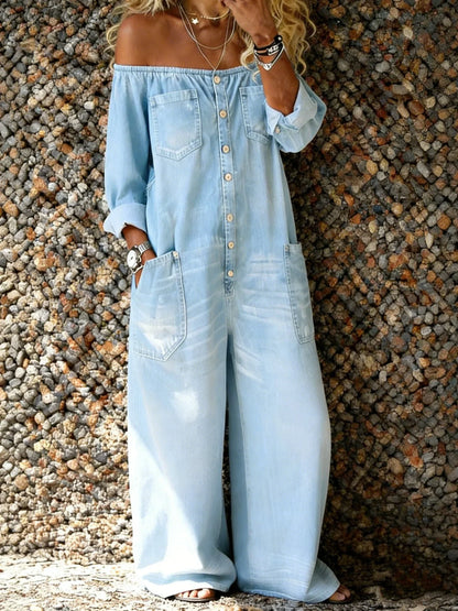 Noa | Salopette in denim con Scollo Off-Shoulder