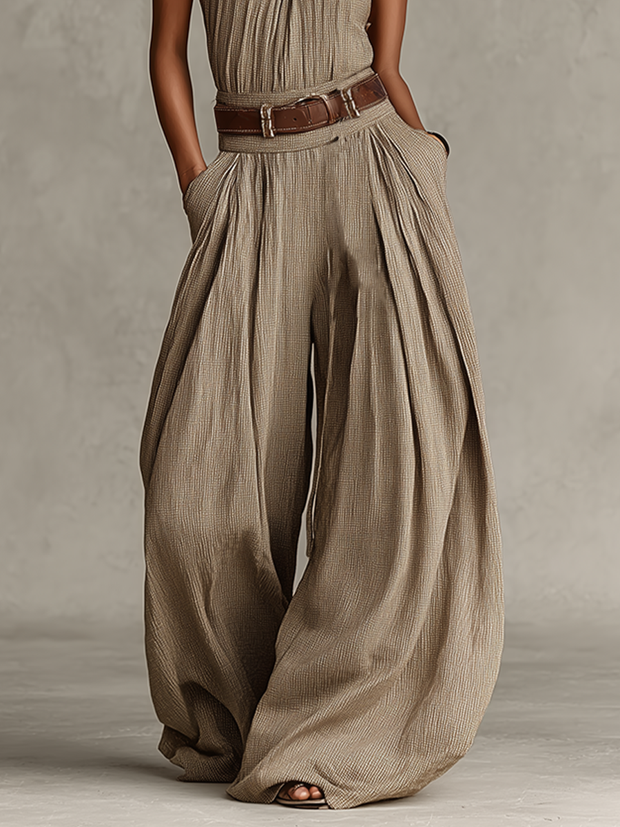 Jumpsuit in cotone Misto Taupe per donna con Collo halter e Silhouette a gamba larga, Stile Boho-elegante Senza tempo (Senza Vita)