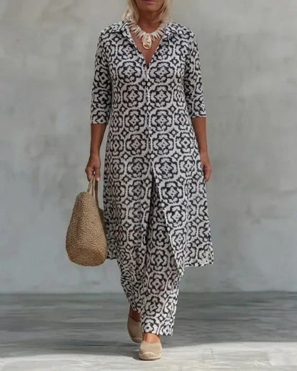 Sara | Completo di Túnica con Stampa Geometrico Boho e Pantaloni a gamba larga