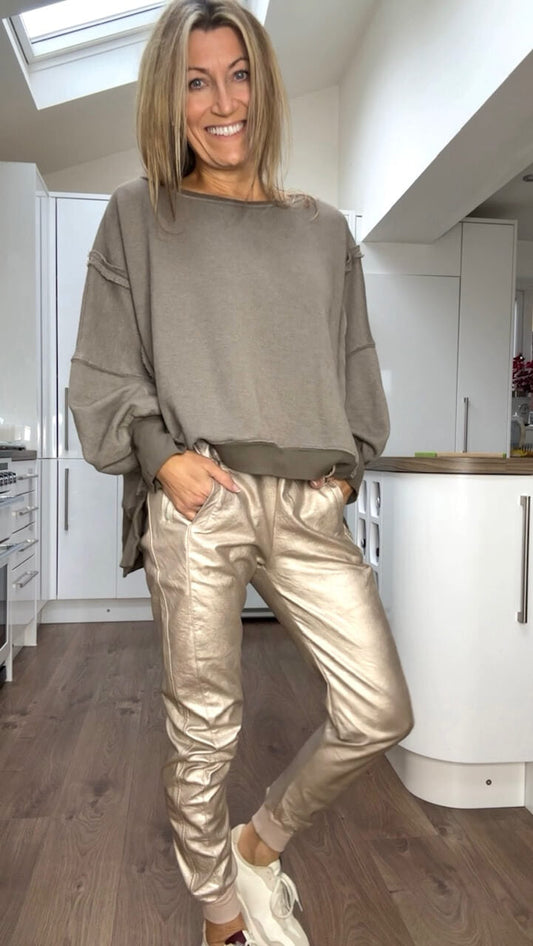Set Casual di Collo rotondo per Donne + Pantaloni di Cuero Sintético