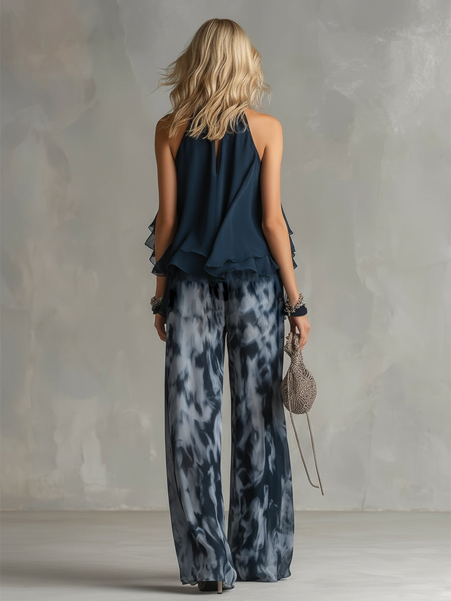 Ludovica | Top halter Elegante Blu navy e Completo di Pantaloni ampi Stampati