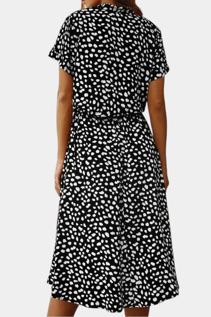 Rovena Abito midi di Pois con Collo Camisero e Vita Regolabile