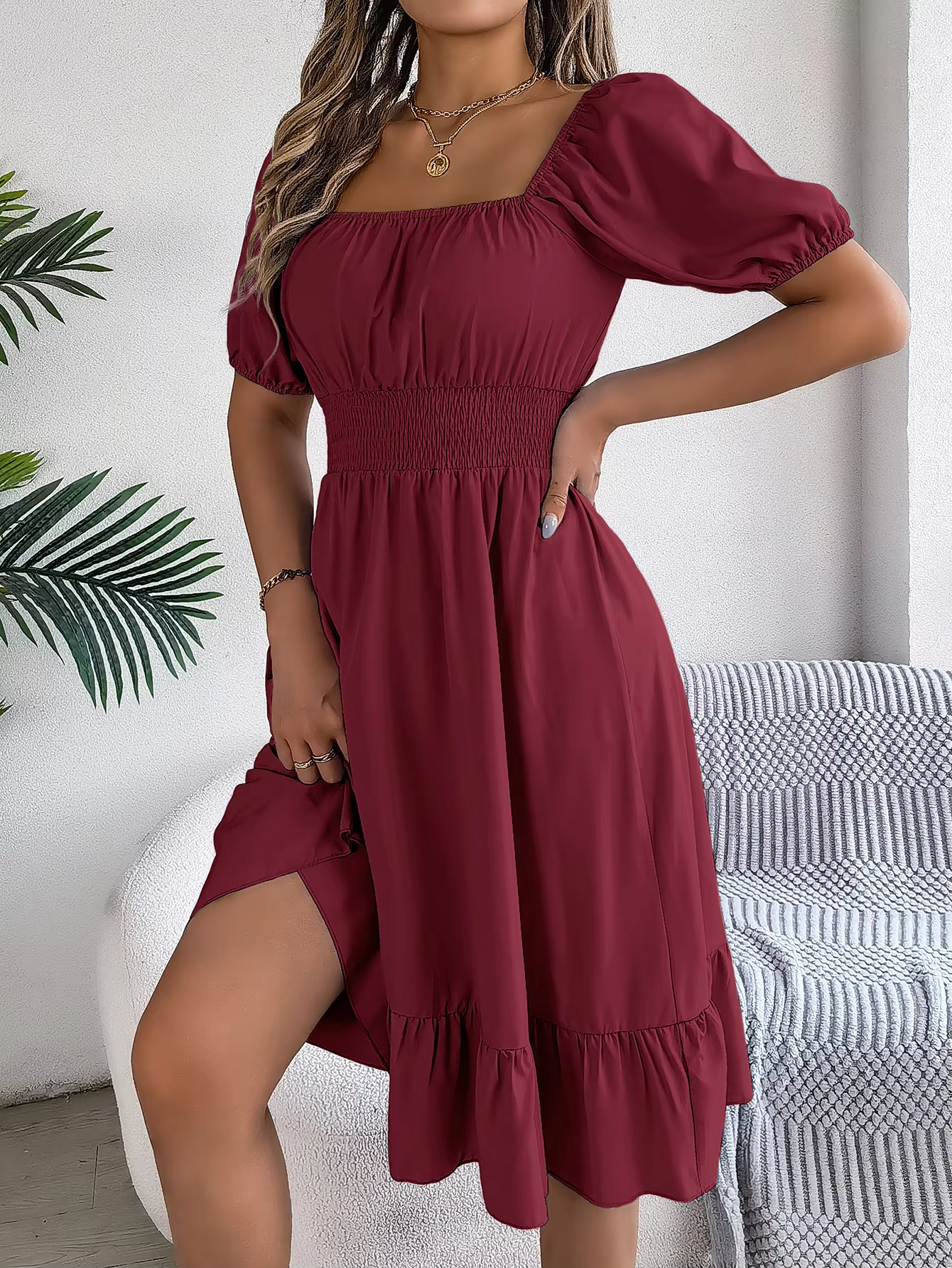 Riley™ - Abito di lino con collo a V e maniche corte elegante