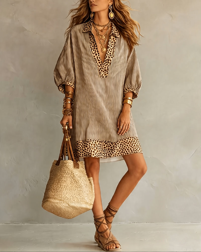 Camicia leopardata con Pannello Stampato e Maniche a sbuffo
