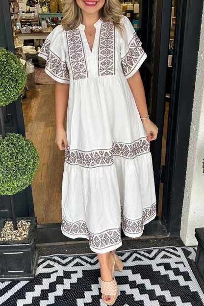 SORAYA – ABITO A-LINE CON SCOLLO A V E STAMPA GEOMETRICA