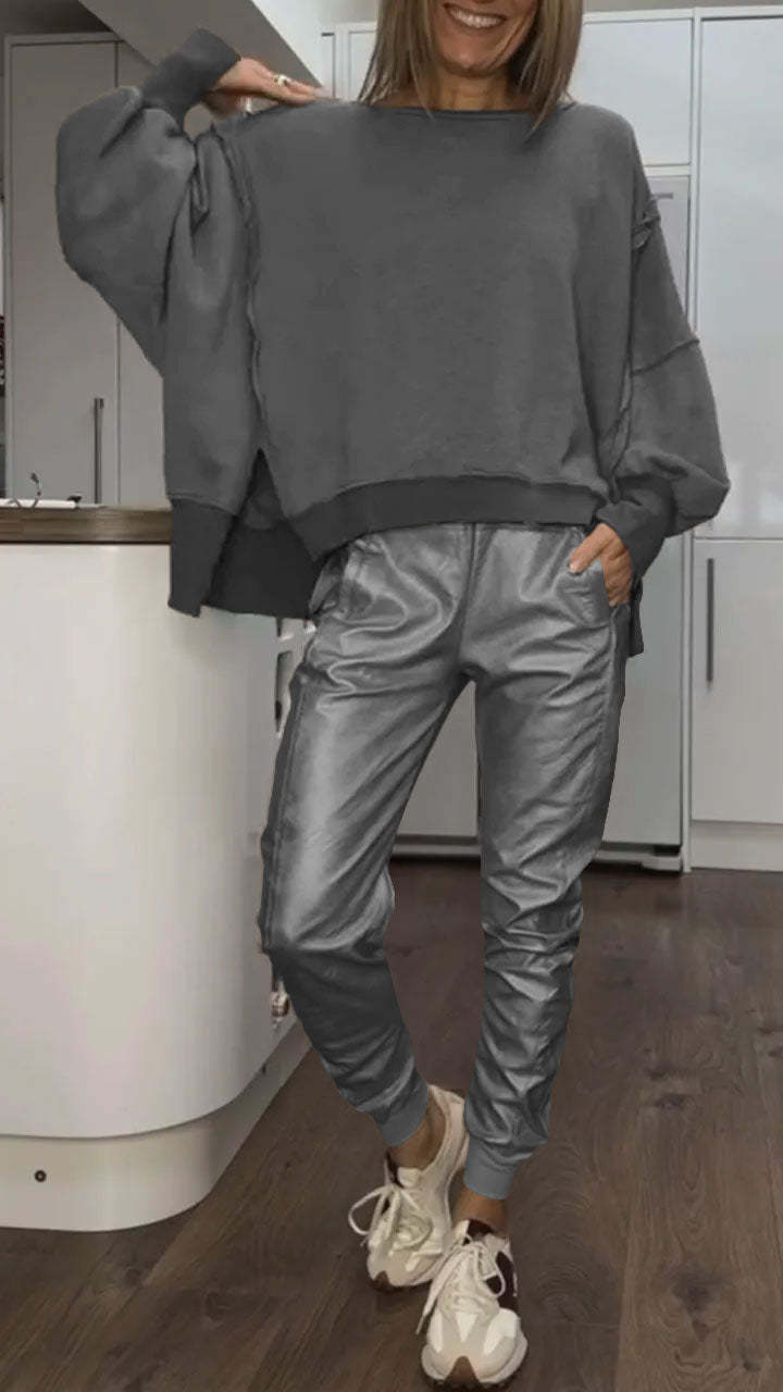 Set Casual di Collo rotondo per Donne + Pantaloni di Cuero Sintético