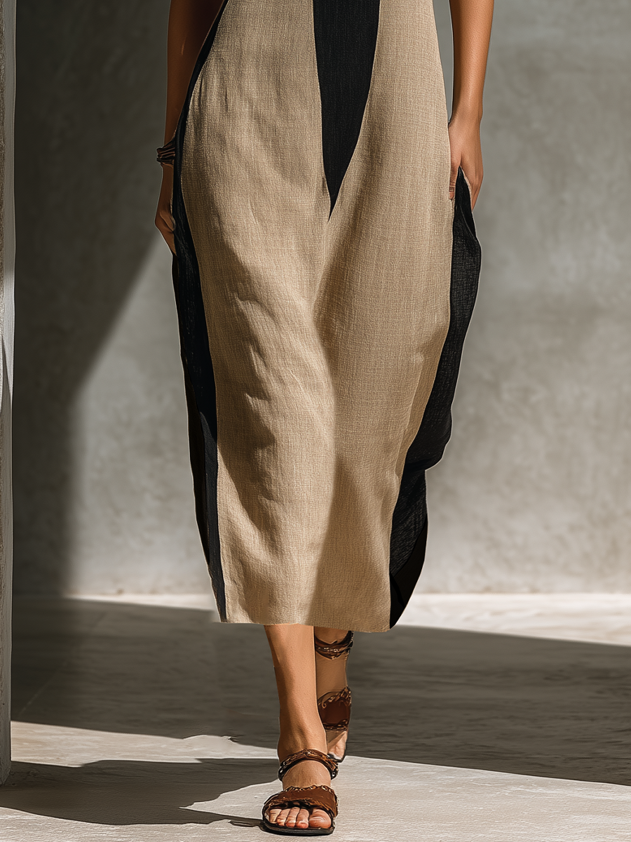 Abito midi in cotone Nero e Beige con Scollo halter e Design di Bloques di Colore