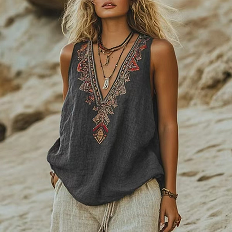 Aleka™ - TOP SENZA MANICHE DI LINO VINTAGE BOHO