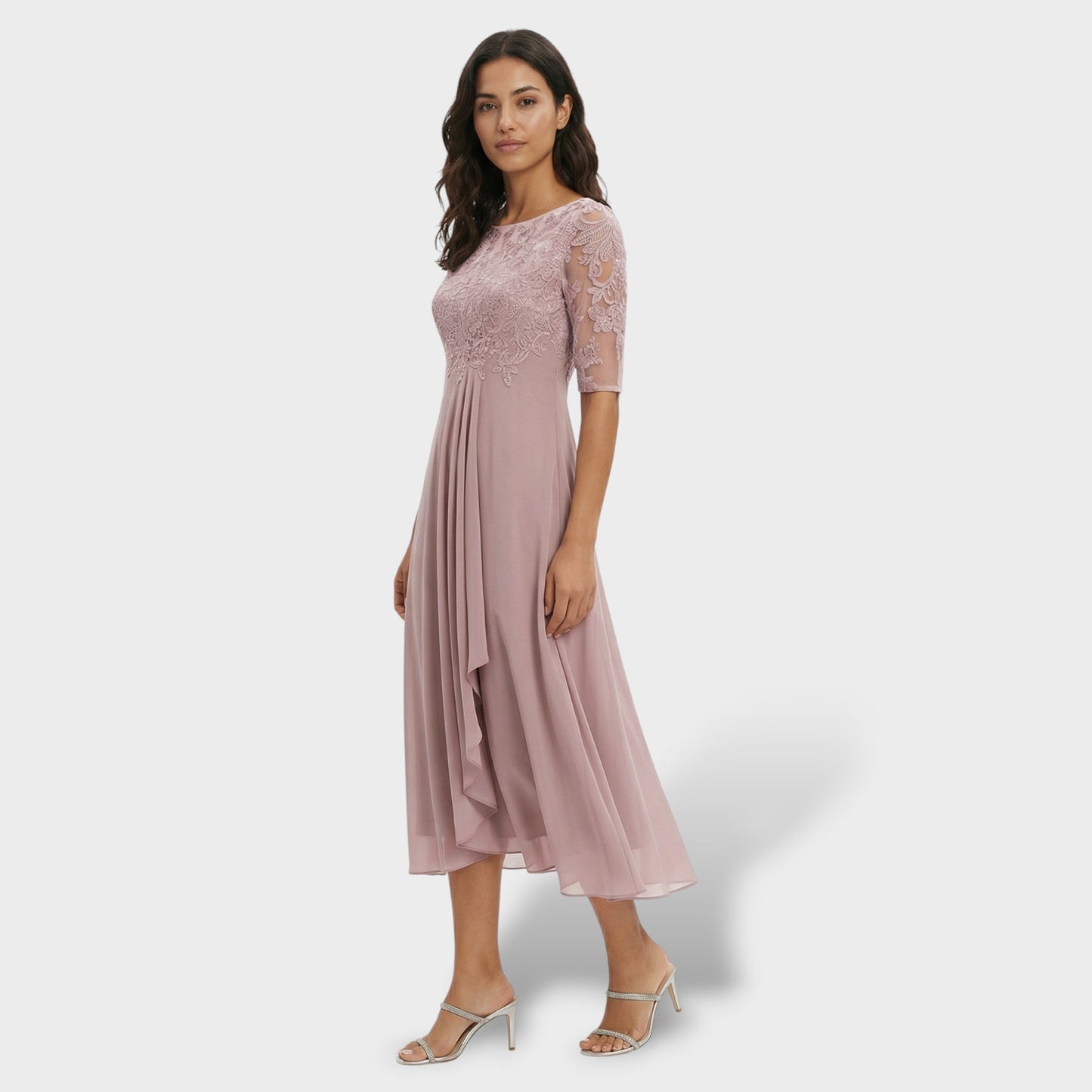 Abito Festa Pizzo E Chiffon Midi