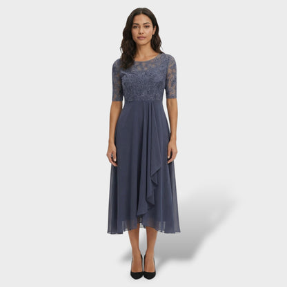 Abito Festa Pizzo E Chiffon Midi