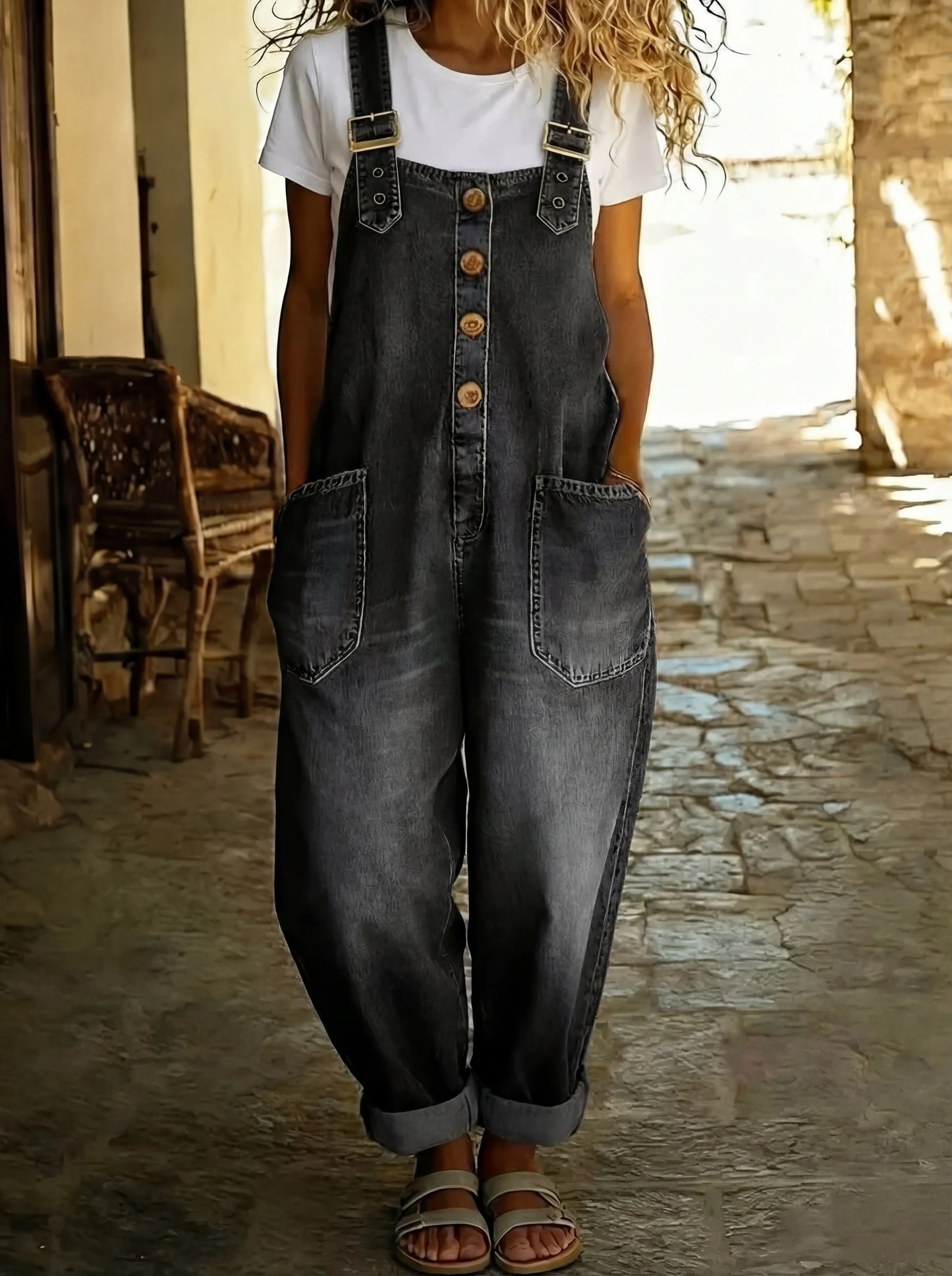 Rocio™ - Pantalone salopette casual in denim con hebilla regolabile.
