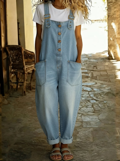 Rocio™ - Pantalone salopette casual in denim con hebilla regolabile.