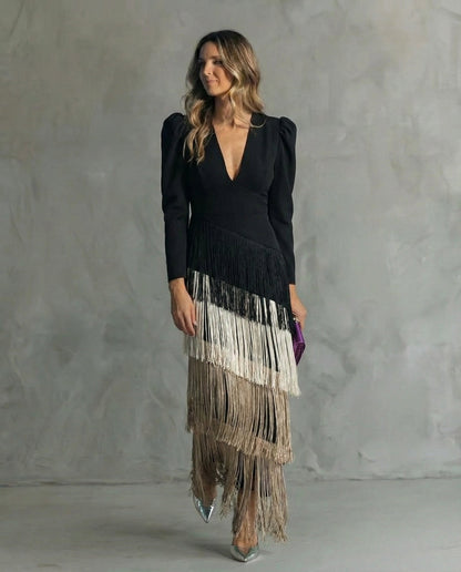 Elara™ | Elegante abito midi con maniche di frange