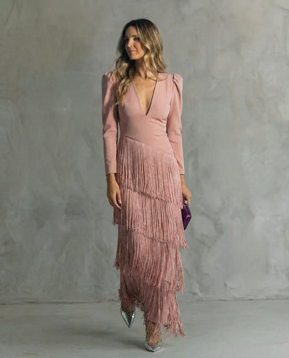 Clara ™ | Abito midi Elegante con Maniche di Frange