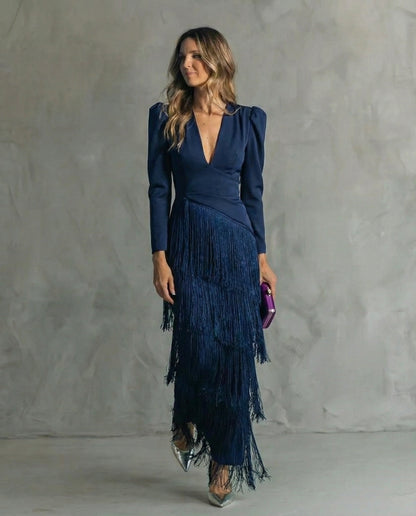 Elara™ | Elegante abito midi con maniche di frange