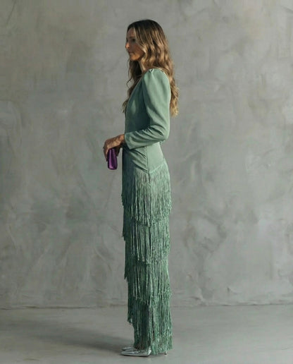 Clara ™ | Abito midi Elegante con Maniche di Frange