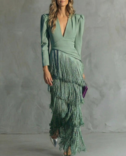 Elara™ | Elegante abito midi con maniche di frange
