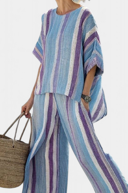 Faelith | Top Pastel Malva Elegante e Pantaloni di Lino Rayados