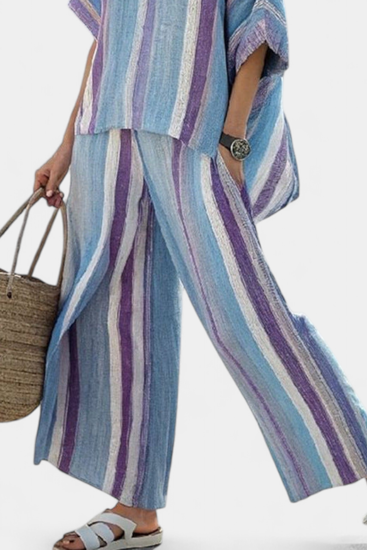 Faelith | Top Pastel Malva Elegante e Pantaloni di Lino Rayados