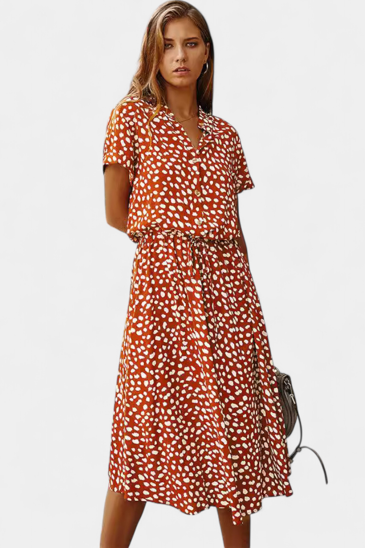 Rovena Abito midi di Pois con Collo Camisero e Vita Regolabile