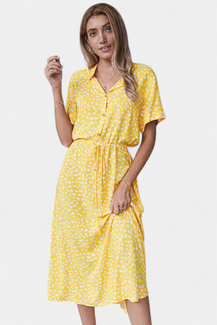Rovena Abito midi di Pois con Collo Camisero e Vita Regolabile