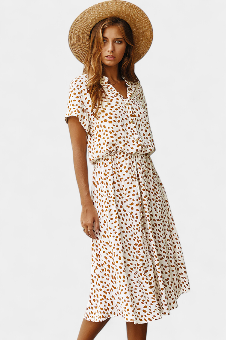Rovena Abito midi di Pois con Collo Camisero e Vita Regolabile