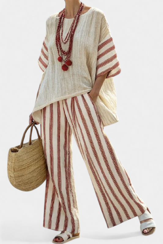 Braelith | Top a Righe Rustico Elegante e Pantaloni di Lino Crema