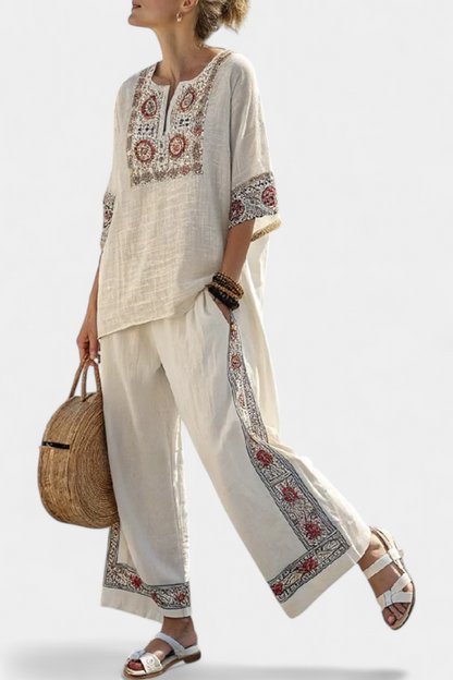 Tameric | Blusa Cruda Ricamata Sofisticata & Pantaloni Ampi