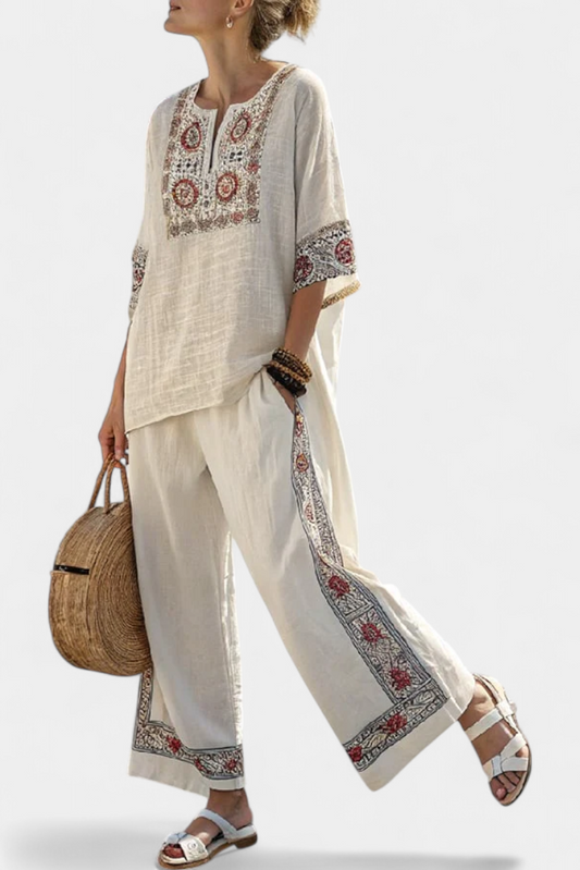 Tameric | Blusa Cruda Ricamata Sofisticata & Pantaloni Ampi