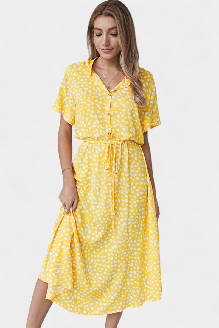 Rovena Abito midi di Pois con Collo Camisero e Vita Regolabile