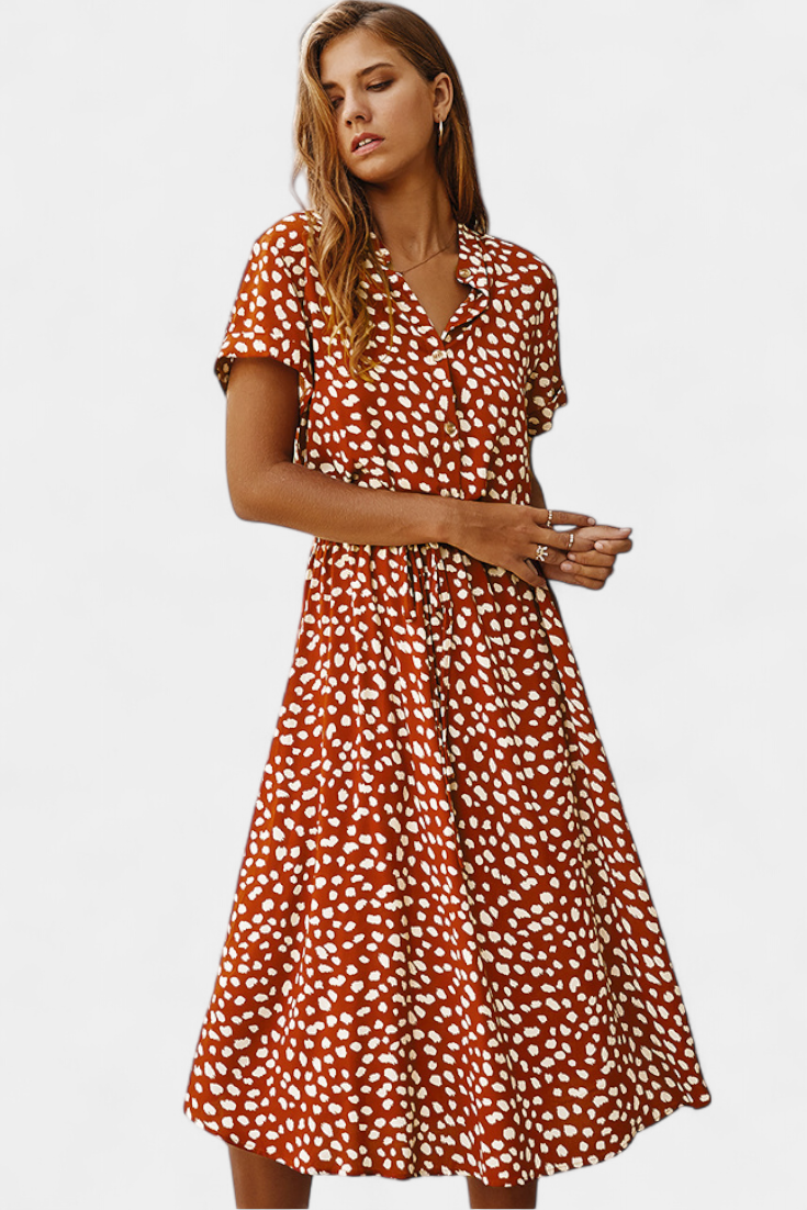 Rovena Abito midi di Pois con Collo Camisero e Vita Regolabile