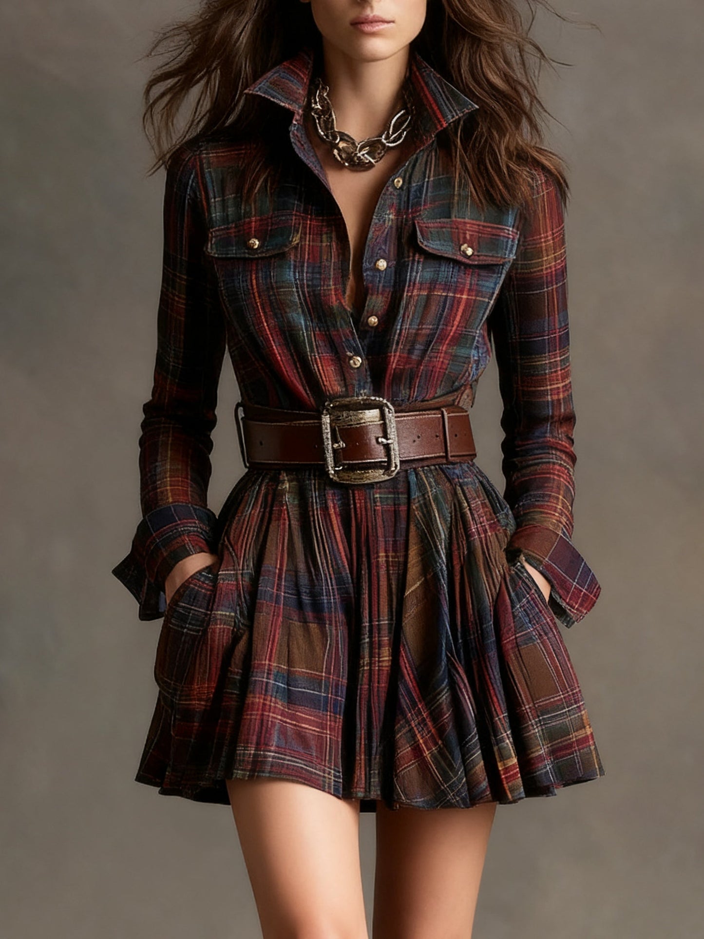 Bárbara | Abito corto camisero di quadri vintage