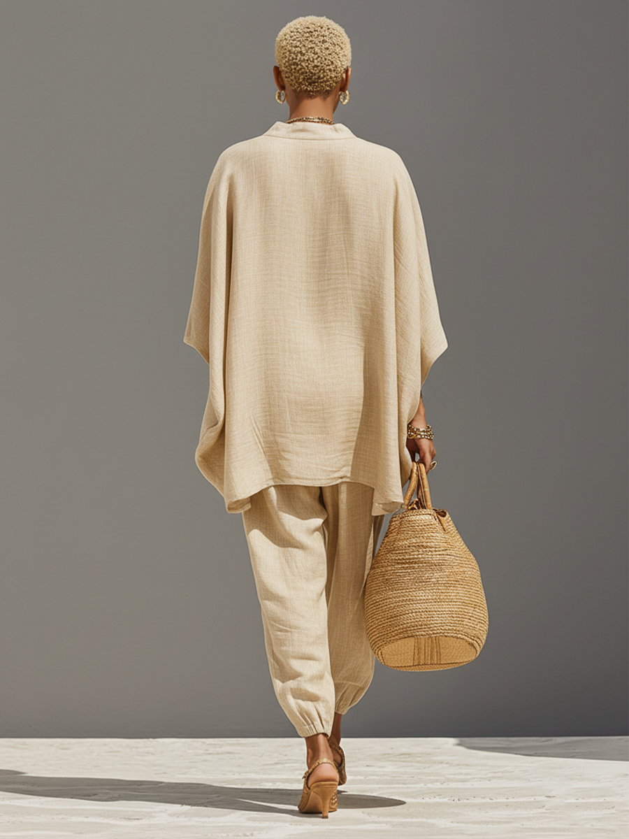 Completo Neutro in lino per donna con Orlo asimmetrico e Design minimalista, Stile Quotidiano-Casual Sofisticato