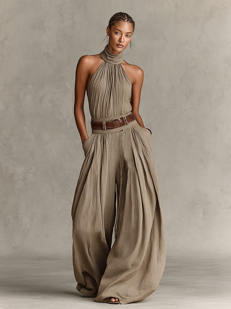 Jumpsuit in cotone Misto Taupe per donna con Collo halter e Silhouette a gamba larga, Stile Boho-elegante Senza tempo (Senza Vita)