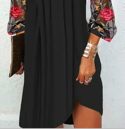 JANE – ABITO NERO ELEGANTE CON MANICHE TRASPARENTI BORDADAS