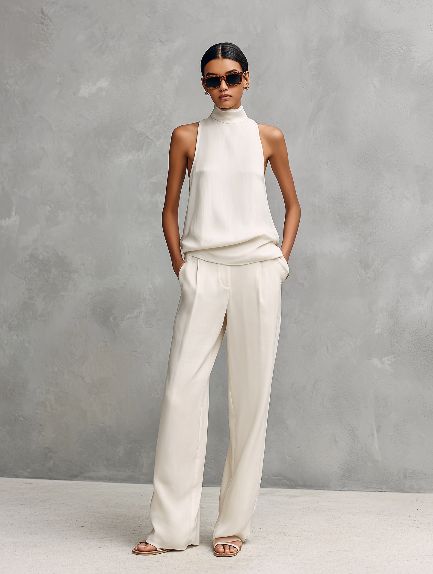 Completo con top senza maniche e Pantaloni Elegantes in cotone e Lino Nero per donna