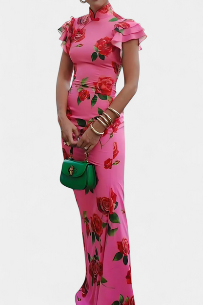 Mayra Abito Qipao con Stampa di Rosas Elegante