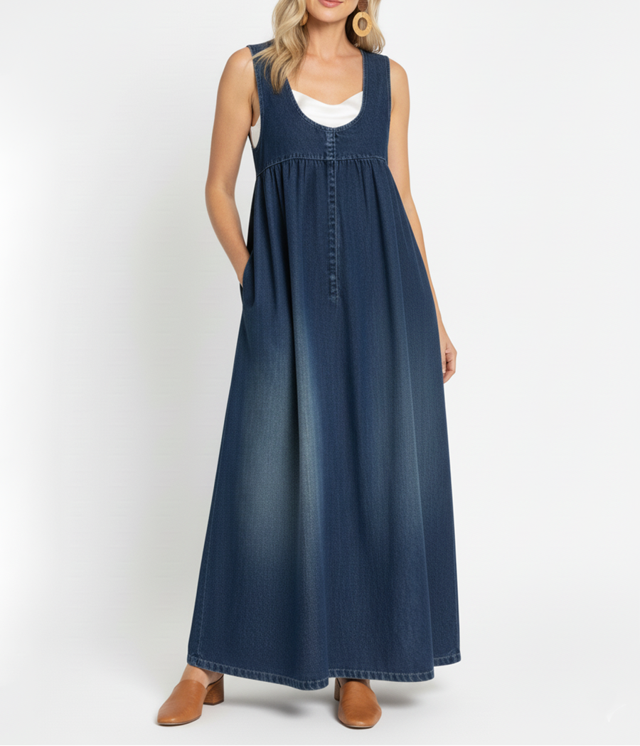 Miranda - Abito Maxi di Denim Lavaggio Vintage con Sensazione di Cotone Morbido
