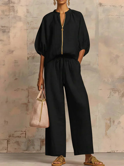 Alba | Camicia di Bottoni Rilassata e Pantaloni a gamba larga Coordinati