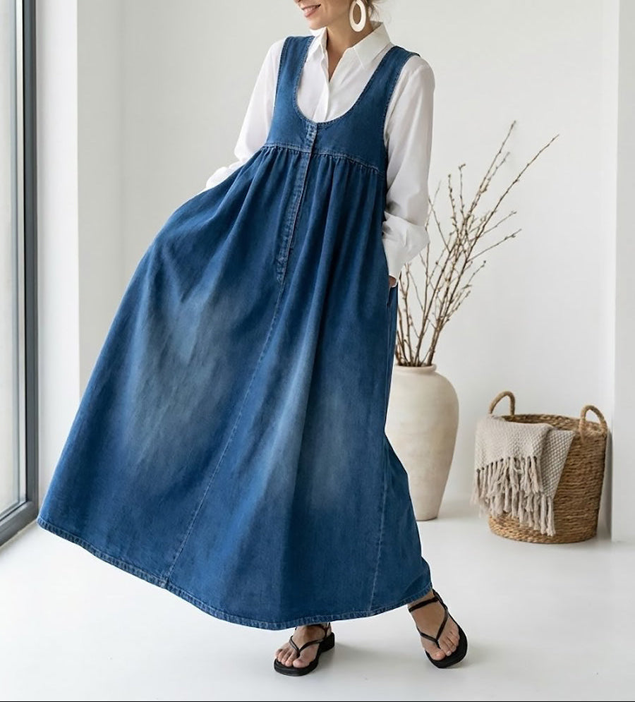 Miranda - Abito Maxi di Denim Lavaggio Vintage con Sensazione di Cotone Morbido